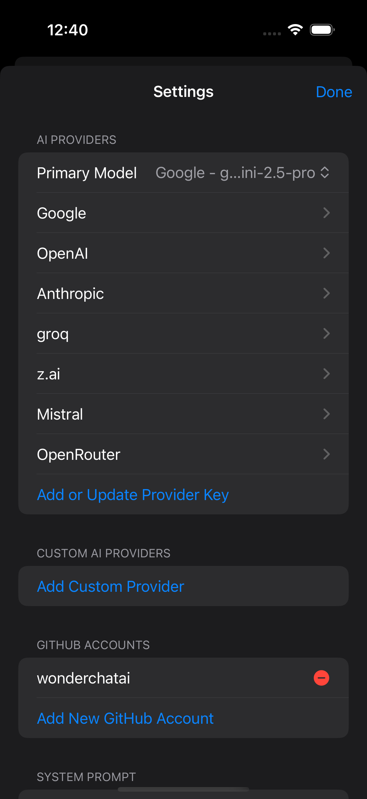Screenshot of WonderChat AI Providers