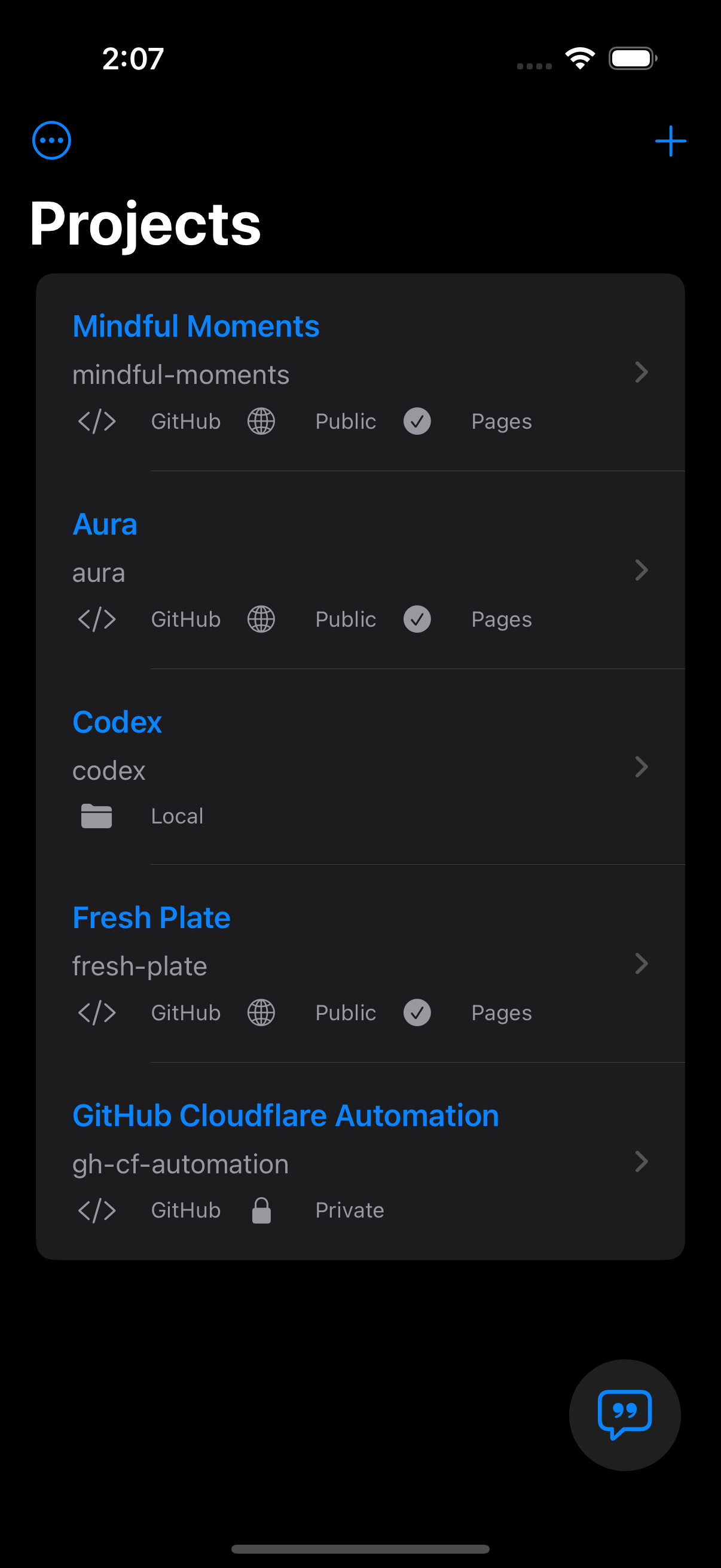Screenshot of WonderChat Project List